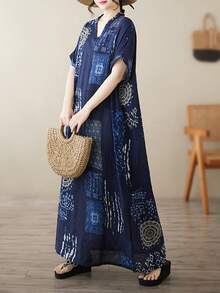 AZAH 2026年中国新年连衣裙，上衣，藏蓝色夏季连衣裙，优雅透气连衣裙，女士休闲度假沙滩连衣裙，夏季妈妈连衣裙V领套头波西米亚风连衣裙