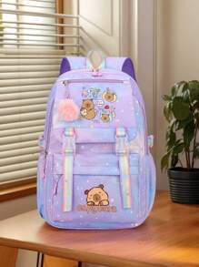 Cute Capybara Nylon Backpack - Lightweight, Spacious, With Fuzzy Pom Pom Decor, Suitable For School And Daily Commute, Available In Blue/Rose Red/Pink/Purple, Travel Backpack , Cute , Back To School