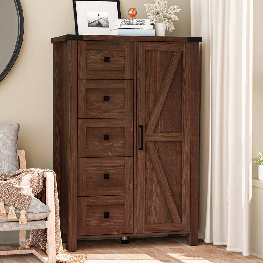 Farmhouse Dresser Storage Cabinet Chest Of Drawer For Bedroom, 5 Drawer Dresser With Barn Door, 48 Inch Tall Wood Dresser, Adjustable Shelves, Rustic, For Living Room, Entryway, Hallway - 咖啡棕 - 查看 1