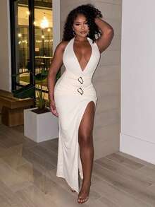 Alexandranx Deep V-Neck, Waist Ruched, Metal Decor Button, High Slit, Sleeveless, Textured Long Dress, Sexy - Apricot - View 7
