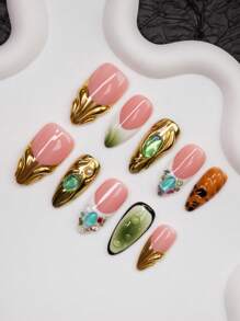 10pcs Handmade Almond Shaped Nail Tips With French Edges, Gradient, Gems And Water Droplet Elements, Y2K Baddie Style In Nude, Green, White, Gold, Amber Colors, Suitable For Women And Girls, Comes With Accessories, Great Gift For Ladies And Girls, Applicable For Party, Ball, And Daily Wear