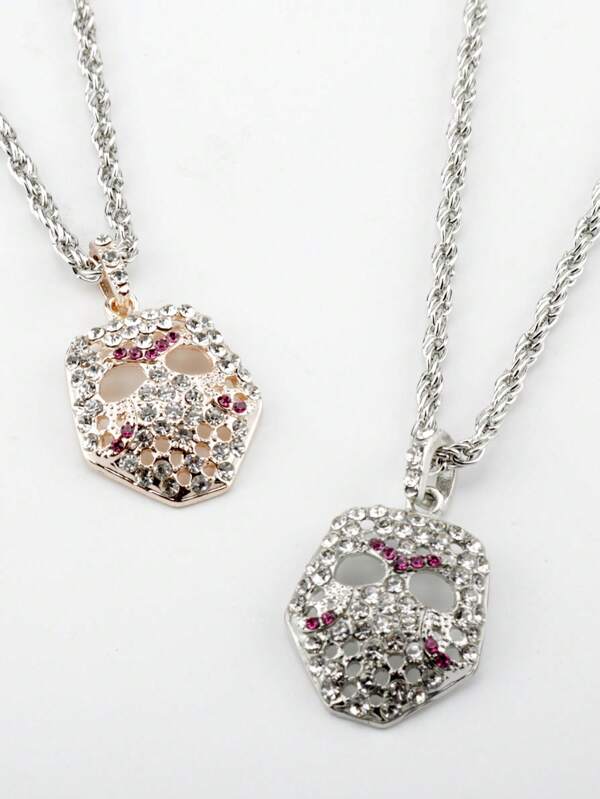 Vintage Rhinestone Decor Mask Pendant Necklace, Hip Hop Fashion Jewelry, European And American Style