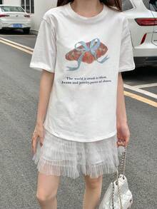 字母与羊角面包印花休闲圆领T恤 - 白色 - 查看 2