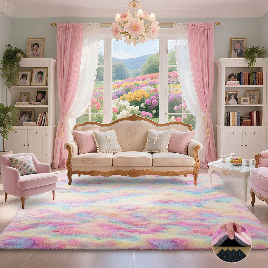 Extra Soft, Fluffy Rug For The Bedroom, Shag Rug For The Living Room With 4 Non-Slip Rug Pads, Multiple Sizes Available, Large, Cozy Shag Rug For Boys And Girls' Room Decoration, Non-Slip Nursery Rug, Modern Shag Rug For Indoor Use, Cream White - 紮染彩虹 - 查看 1
