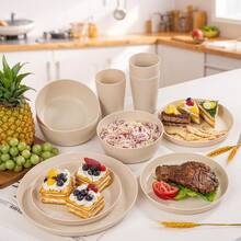 EI 24pcs Grey Wheat Straw Dinnerware Set Of 6,Reuasble Unbreakable Dinner Plates,Wheat Plates And Bowls Sets For Camping,Picninc,Family Dinner - 米色 - 查看 4