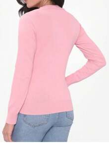 Cold Weather Knitted Sweater Top V Neck Plain Basic Long Sleeve Winter Women Simple Knitwear Knitted Daily Autumn Long Sleeve - 淺粉色 - 查看 4