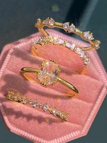 4pcs Minimalist Layered Ring Set - Shiny Cubic Zirconia, For Daily Wear And Parties, Girl - Gold - View 1