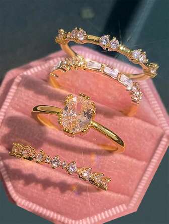 4pcs Minimalist Layered Ring Set - Shiny Cubic Zirconia, For Daily Wear And Parties, Girl