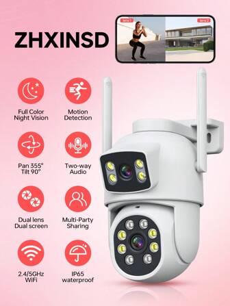 1pc 2MP+2MP Dual Len Wireless Outdoor Security Camera,Smart PTZ Home Surveillance Cameras With 2.4/5Ghz Wifi,Indoor CCTV IP Cameras,Auto Tracking,Alarm And Color Night Vision, Pan Tilt Rotation, Video Network Camera System Supports Two-Way Audio