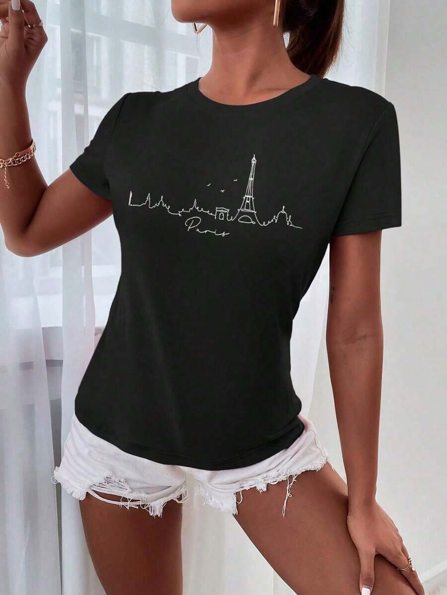 Camiseta de manga corta para mujer Paris Skyline, camiseta casual de manga corta con cuello redondo y estampado de arte lineal de París, camiseta con diseño de París para mujer, 100% algodón. - Negro - Ver 1