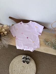 Newborn Baby Girls Cute Ditsy Floral Embroidery Short Sleeve Bodysuit Bodysuit, Summer