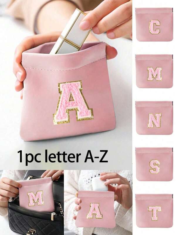 1 szt. Torba z materiału PU z haftowanymi białymi literami A-Z, miniaturowa różowa kosmetyczka, torba do przechowywania z automatycznym zamknięciem, wodoodporna kosmetyczka, przenośny klucz, szminka, schowek na kabel danych, noszenie w podróży i przechowywanie przedmiotów, prezenty dla rodziny i przyjaciół, przechowywanie małych prezentów, torba na prezenty na coroczne przyjęcie