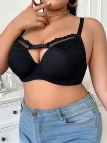 1pc Plus Size Women Solid Color Lace Padded Underwire Bra - Black - View 3