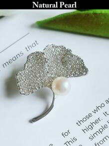 1pc Natural Cultured Pearl Angel Wings Ginkgo Leaf Flower Brooch Pin Scarf Clip, Elegant Women's Western Jewelry Accessory, Beach/Pride/Birthday/Graduation Gift