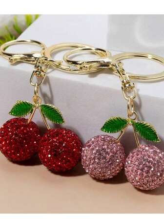 1pc Rhinestone Cherry Shaped Metal Vintage Fruit Keychain, Cute Sparkling Cherry Charm For Handbag Pendant Car Accessories Bag Charm School Goth Y2k