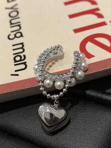 1 Piece Simple Copper Heart Faux Pearl Crystal Single Ear Clip, Elegant Everyday Wear For Women - Silver - View 5