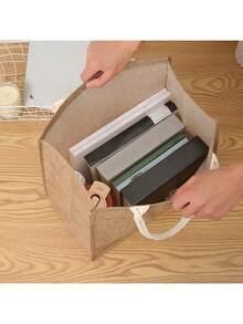 1 件托特礼品购物袋层压防水手提拉链亚麻袋简约时尚礼品袋 DIY 手提袋购物通勤袋午餐盒袋 - 卡其色 - 查看 5