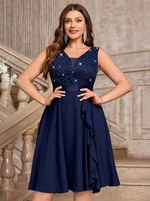 Plus Deep V-Neck Sequin Lace Contrast Ruffle Hem Chiffon Formal Evening Party Swing Dress - Navy Blue - View 4