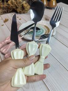 1 件北欧风格陶瓷蝴蝶结餐具，淡黄色和粉色陶瓷手柄 304 不锈钢勺子、叉子和刀餐具套装，优雅的黄油刀，节日礼物，生日祝福，派对用品，送给男朋友/女朋友的礼物，学校用品