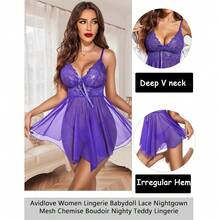 Women Lingerie Lace Babydoll Mesh Nightgown Chemise Boudoir Nighty Sleepwear - 紫色 - 查看 2