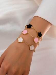 3pcs Clover Pattern Bracelets In Pink, White & Black, Suitable For Daily Wear