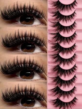 10 Pairs Cat Eye False Eyelashes, Natural Russian Volume Fake Lashes With Transparent Band, Slim & Fluffy Texture, Drama Winged Eyelash Extension Effect, Reusable & Easy To Use