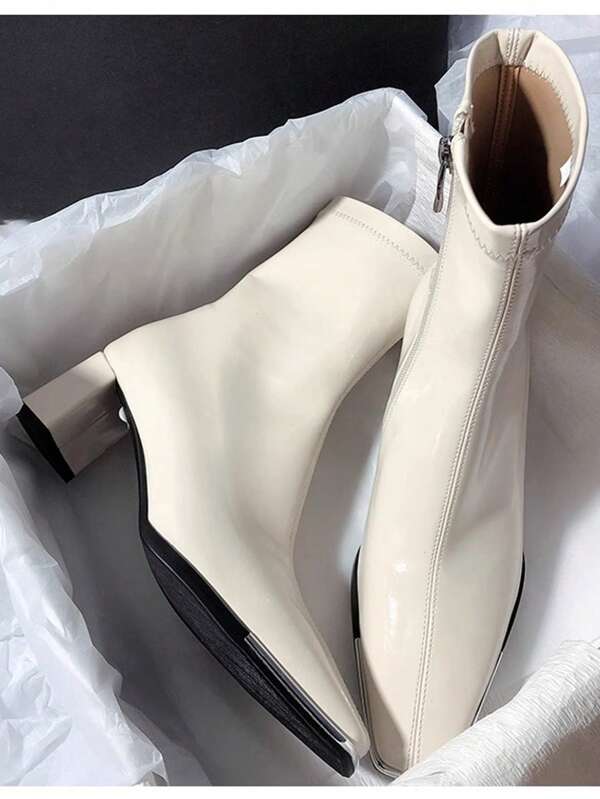 Women's New Glossy Patent Leather Ankle Boots, Black Elegant Thick Heel Short Boots, Retro Pointed Toe Metal Zipper Boots, Thick Heel High Heel Chelsea Boots, American Mid Heel Western Boots, Fashionable Short Tube Boots, Comfortable Elegant Versatile Nude Boots