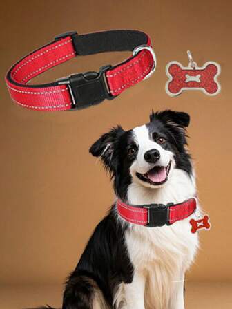 1pc Nylon With Bone Tag Soft Padded Adjustable Breathable Thick Sturdy Stable Comfortable Reflective Puppy Pet Collar For Small Medium Large Dogs Outdoor Walking