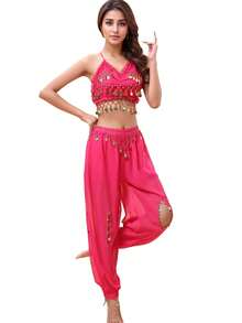 2 Pieces Prom Party Line Dance Costume For Women Belly Dance With Coin Embellished Open-Hole Loose Pants (Includes Breast Pads)
