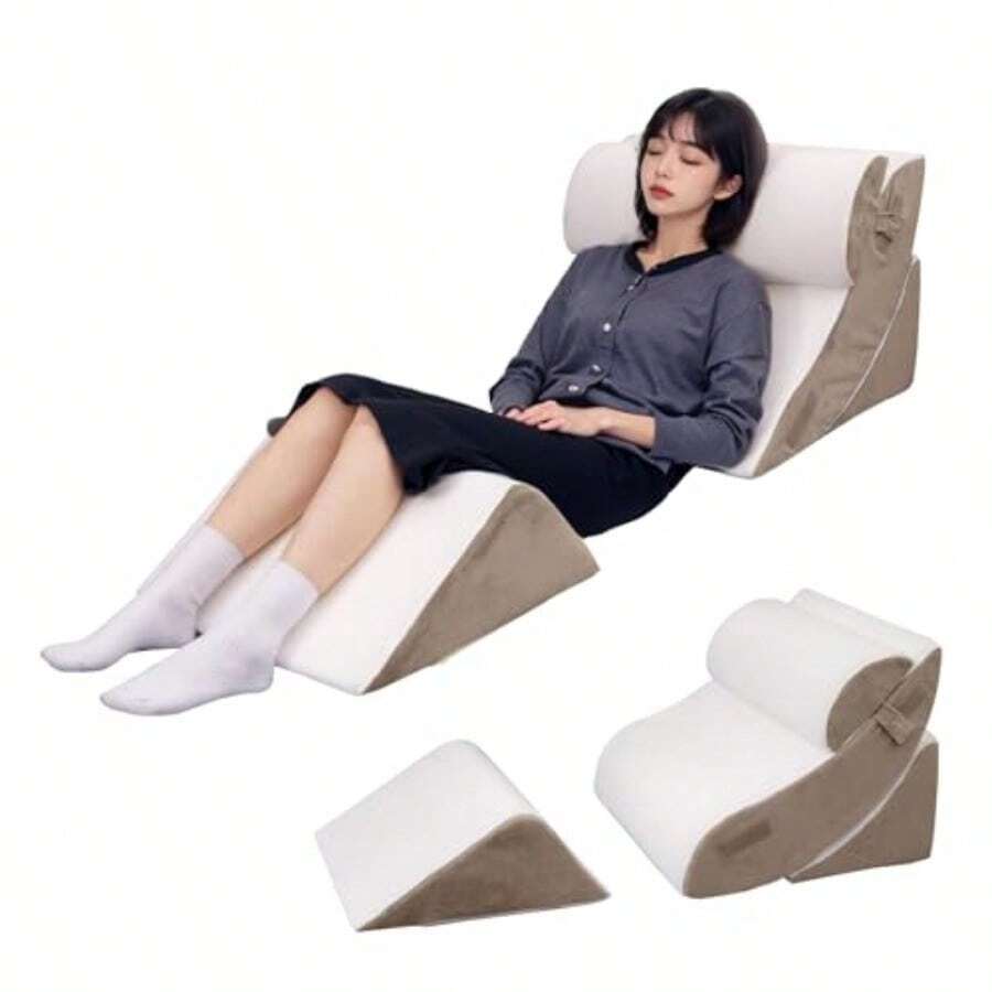 IMIEE 三角クッション 三角枕 ベッド背もたれ 腰枕 なだらか 足枕 傾斜枕 斜めマット 高反発 クッション TV枕 足枕付き 位置調整可能 通気防菌 カバー洗える 折り畳み 読書用 逆流性食道炎 枕 安眠サポート 体にフィット プレゼント 背中クッション 介護用 ランバーサポート お年寄り 体位変換 腰痛対策 敬老の日 プレゼント 4個セット - ホワイト+グレー - チェックする 1