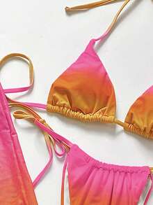 3件套女士性感沙滩比基尼套装，亮色渐变纯色挂脖比基尼泳装套装，搭配长款网纱裙，适合度假、复活节、节日、外出、约会之夜等场合，所有女士服装，秋季款 - 橘色 - 查看 7