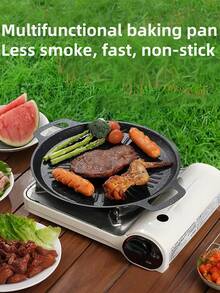 一個黑色的多功能韓國鐵製煎鍋，露營必備，不沾圓形燒烤鍋，電磁爐相容，家用和戶外露營便攜式燒烤盤，耐用炊具， 適合燒烤、早餐等，戶外烹飪工具 | 圓形烤盤 | 不沾表面，露營卡式爐鐵板燒烤，不沾鍋，烤肉，一鍋多用