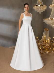 Faeriesty Elegant Satin Square-Neck Tie-Dress With Dramatic Floor-Length Hem | Luxurious Evening Look For Galas, Weddings Or Red Carpet Events, Bridesmaid Dress