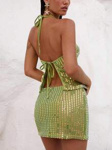 Women Y2k Sparkly Sequin Outfits 2 Piece Criss Cross Halter Tank Top Solid Color Sparkly Slim Fit Back Tie Up Tops Low Waist Pencil Skirt Bling Glitter Rhinestone Mini Skirt Set Going Out Set Party Club Streetwear - 綠色 - 查看 2