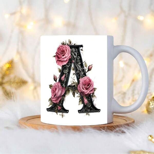 1pc Black Letter Floral A-Z Print Coffee Mug, Pink Floral, Alphabet Floral Coffee Mug For Office And Home, Alphabet Ceramic Coffee Mug, Women'S Birthday Gift, Mom, Best Friend, Bride, Bridesmaid Gift, White Tea Cup, Mother'S Day, Father'S Day Gift 11oz