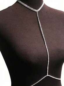 1pc Sexy Body Chain Necklace, Fashionable Rhinestone Jewelry For Bikini, Women - Silver - View 2