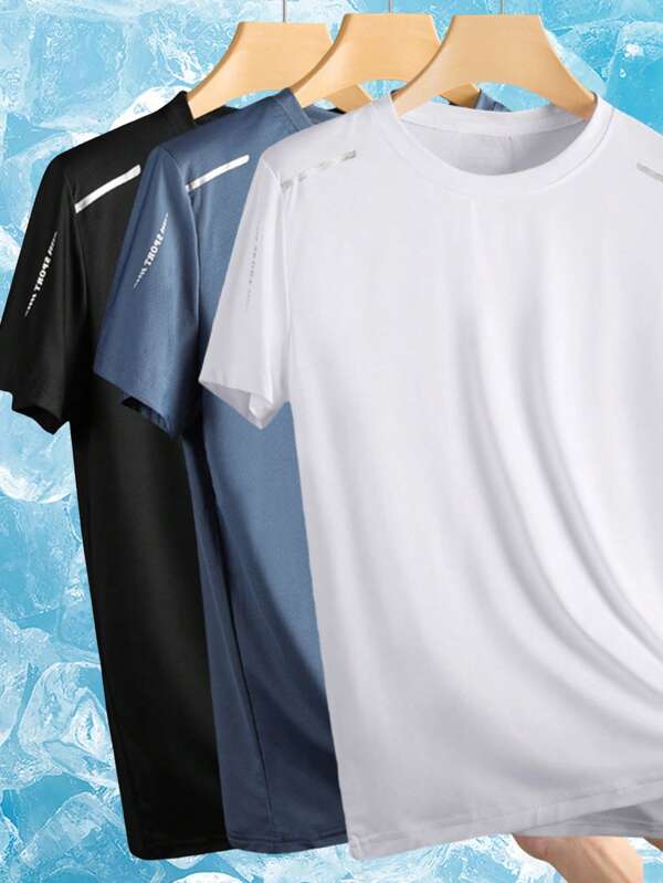 Set de 3 Prendas Deportivas para Hombre: Camiseta de cuello redondo de manga corta con estampado en estilo fitness y moda casual, Camiseta de entrenamiento deportivo con estilo novio para running y baloncesto, Camiseta de manga corta de deporte de seda de hielo transpirable para verano.