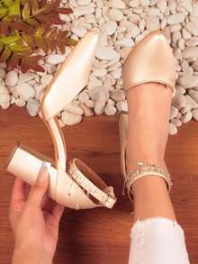 Tacones de aguja en punta para mujer de color caqui, diseño de corte, tacón grueso, material, colección elegante, de diferentes colores, zapatos de tacón  Elegante  Fiesta    Diamante de imitación    Boda - Blanco - Ver 1