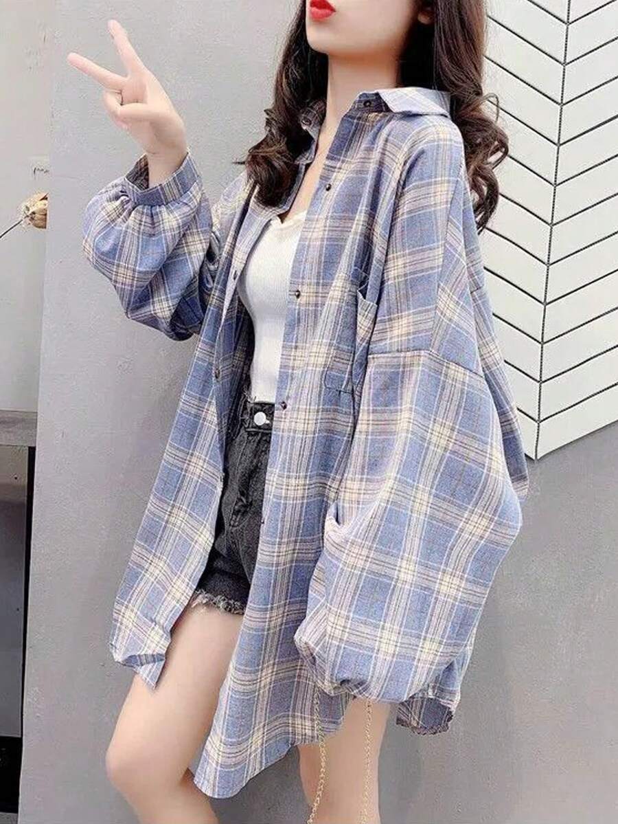 格纹印花纽扣前开襟宽松长袖衬衫，随机拼接
