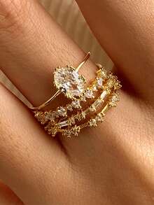 4pcs Minimalist Layered Ring Set - Shiny Cubic Zirconia, For Daily Wear And Parties, Girl - Gold - View 5