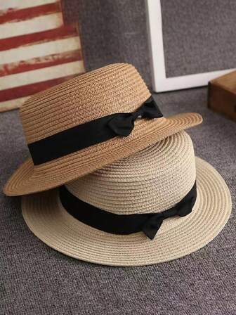 一顶蝴蝶结平顶帽夏季透气复古小礼帽遮阳帽沙滩帽