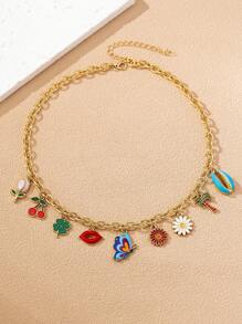 1pc Women's Enamel Chain Pendant Necklace With Versatile Elements Like Butterfly, Flower, Clover, Cherry, Shell, Suitable For Daily Wear And Party