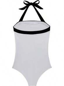 Women Sexy Tummy Control One Piece Swimsuit Halter Retro Bathing Suit - 68 White Black - View 5