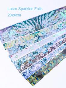 10张夏季激光闪亮贝壳波浪美甲印花贴纸，20x4厘米，全息鲍鱼图案，孔雀羽毛美甲贴纸，星空纸质DIY贴纸，适用于亚克力美甲用品 - 彩色 - 查看 5