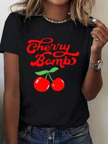 Black Short Sleeve T-Shirt With Cherry Bomb Print And Cherry Graphic - Casual Wear For Women - Black - View 1