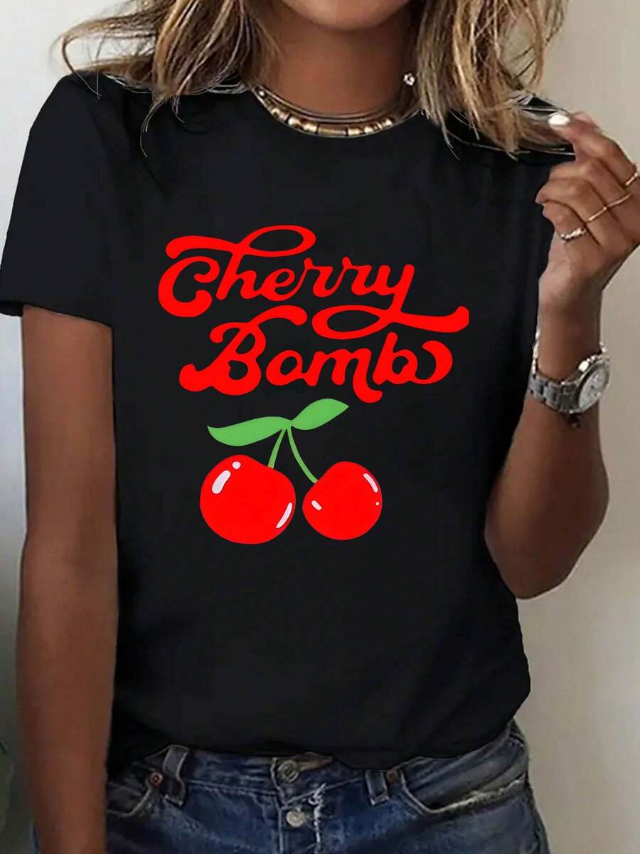 Black Short Sleeve T-Shirt With Cherry Bomb Print And Cherry Graphic - Casual Wear For Women - Black - View 1