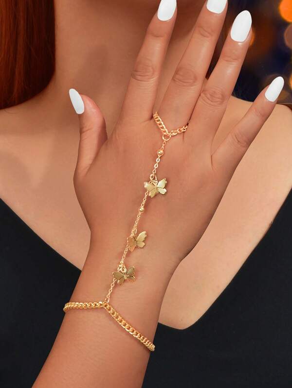 1 Pc Casual Butterfly Charm Decor Gold Chain Finger Ring Bracelet Hand Chain Everyday Jewelry For Women