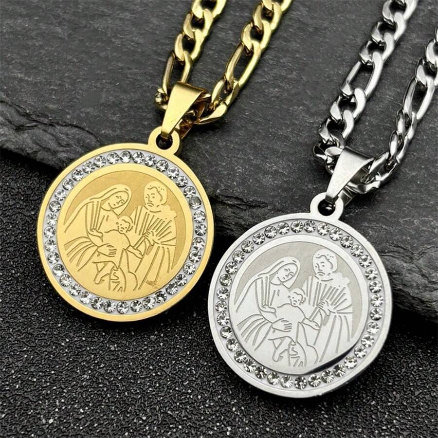 Christian Mother Of Jesus Medallion Pendant Necklace For Women Men's Gold/Silver Color Stainless Steel Rhinestone Chain Jewelry - Necklace - View 1
