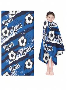 儿童个性化运动连帽浴巾，足球图案，可定制姓名，游泳/沙滩浴巾 - 彩色 - 查看 4