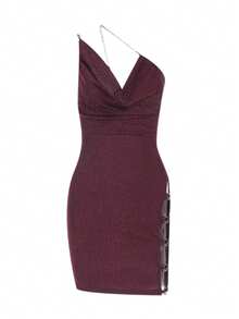 Women's Sexy Cowl Neck Chain Hollow Slim-Fit Mini Bodycon Dress, Summer - Red - View 3